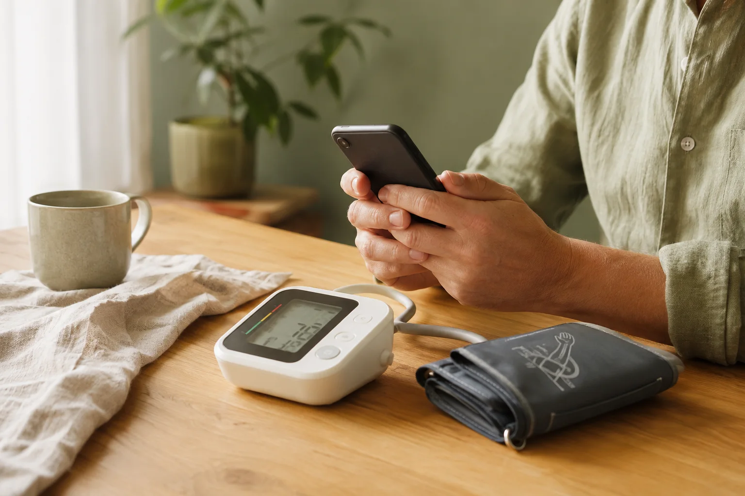 Illustrative home scene: photographing a separate blood pressure monitor